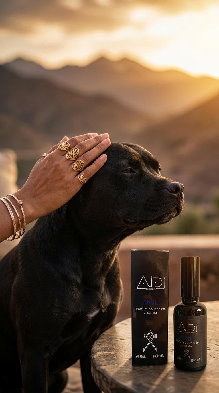 Parfum pour chien Aïdi photographié au Maroc